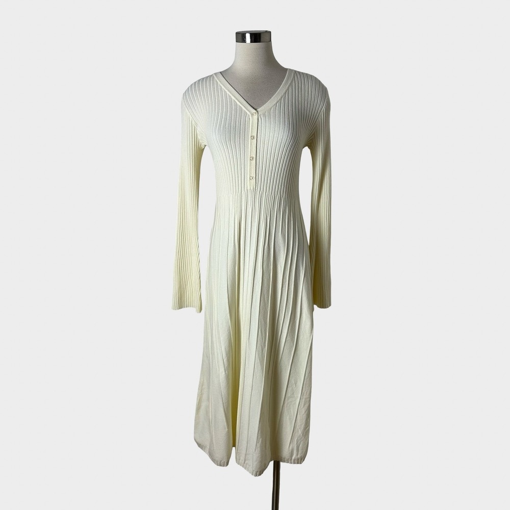 Nasty Gal Cream Ribbed V-Neck Midi Dress - Picture 2 of 15